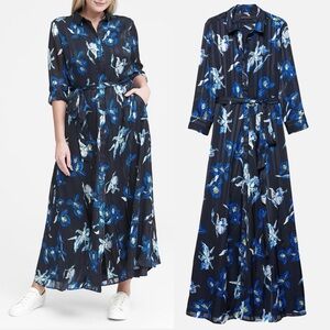 Banana Republic Collared Floral Blue Maxi Dress Sleeve Formal Garden Wedding 12